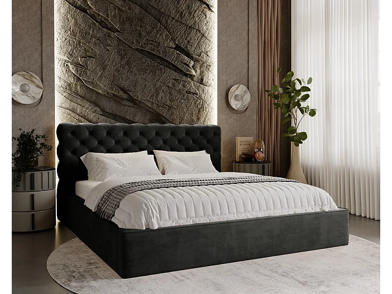 Emporius Lit double avec rangement 140x200 Ali - Lit adulte glamour - Velour Noir (Magic Velvet 2219)