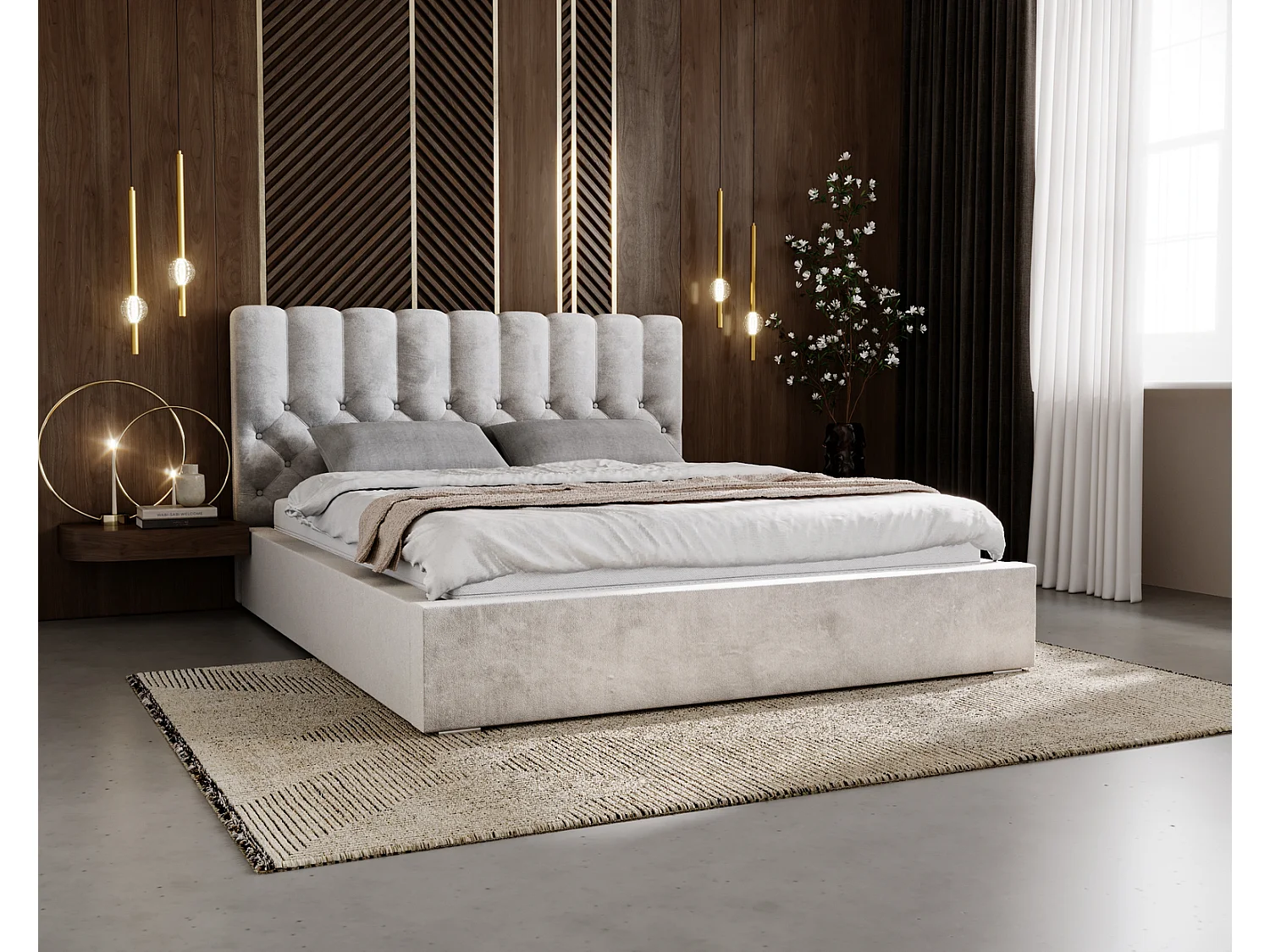 Emporius Lit rembourré 180x200 Sevilla - tête de lit, Haute rembourrée, Rangement - Lit chesterfield Gris clair (Magic Velvet 2218)