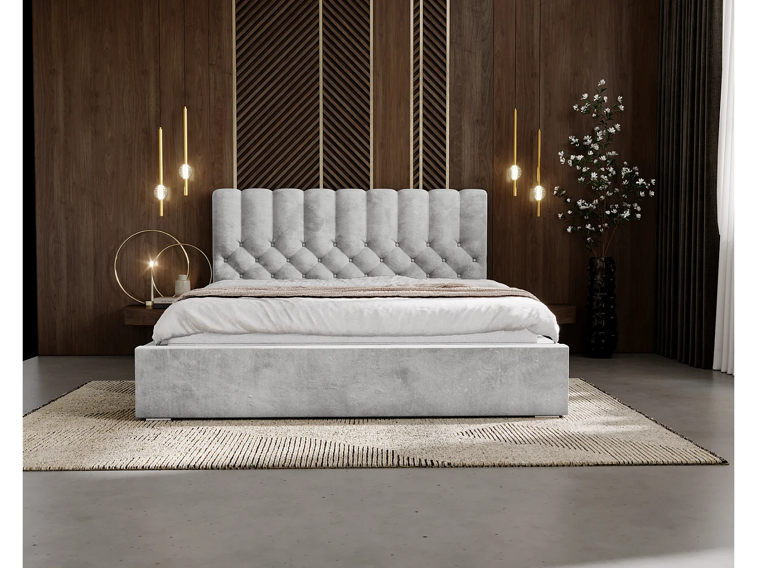 Emporius gestoffeerd bed 180x200 Sevilla, glamourstijl - Tweepersoonsbed 140x200 cm - fluwelen Lichtgrijs (Magic Velvet 2218)