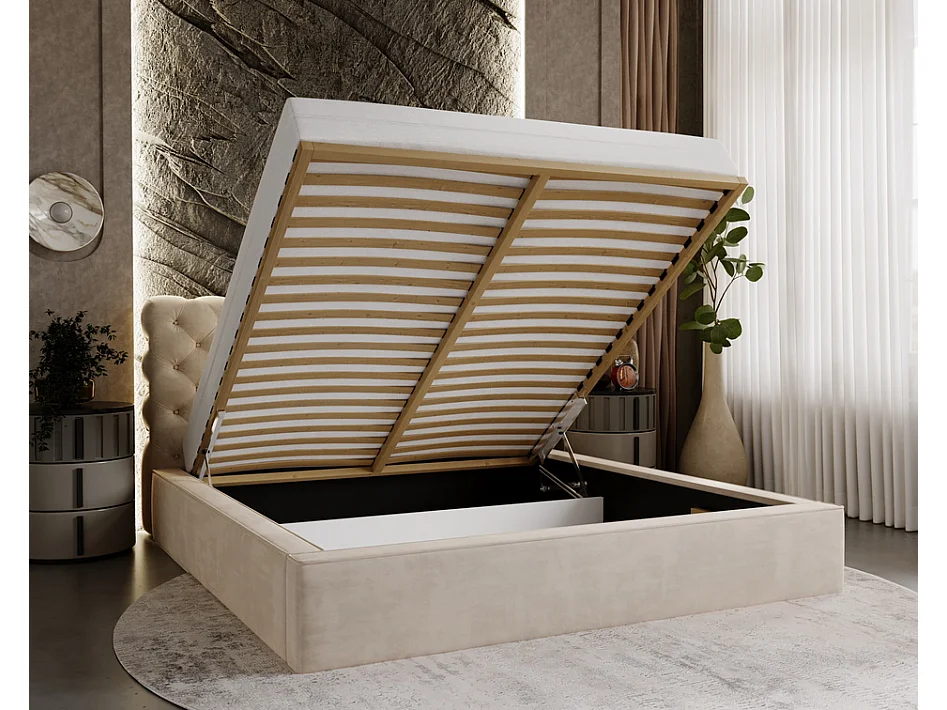 Emporius Tweepersoonsbed 180x200 Ali - glamourstijl, gestoffeerd bed, lattenbodem, opbergruimte - fluweel Zwart (Magic Velvet 2219)