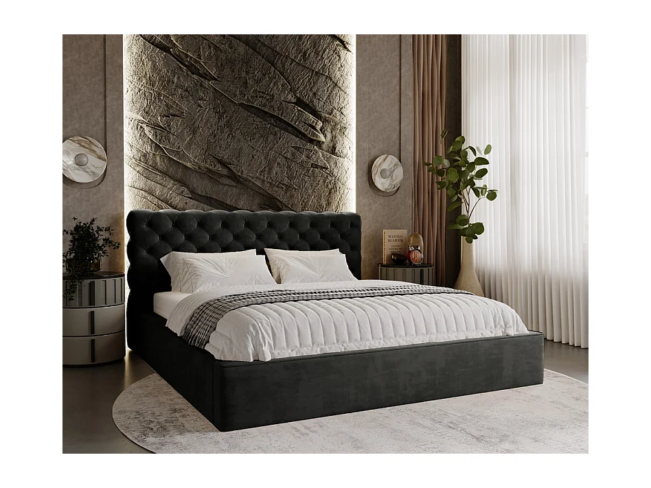 Emporius Lit double avec rangement 180x200 Ali - Lit adulte glamour - Velour Noir (Magic Velvet 2219)