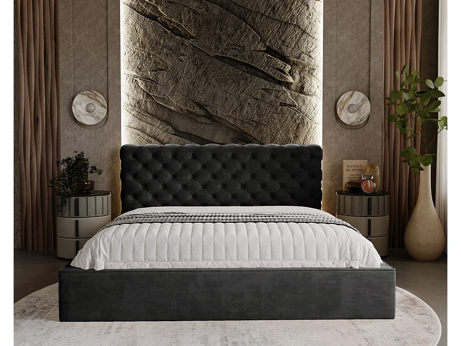 Emporius Tweepersoonsbed 180x200 Ali - glamourstijl, gestoffeerd bed, lattenbodem, opbergruimte - fluweel Zwart (Magic Velvet 2219)