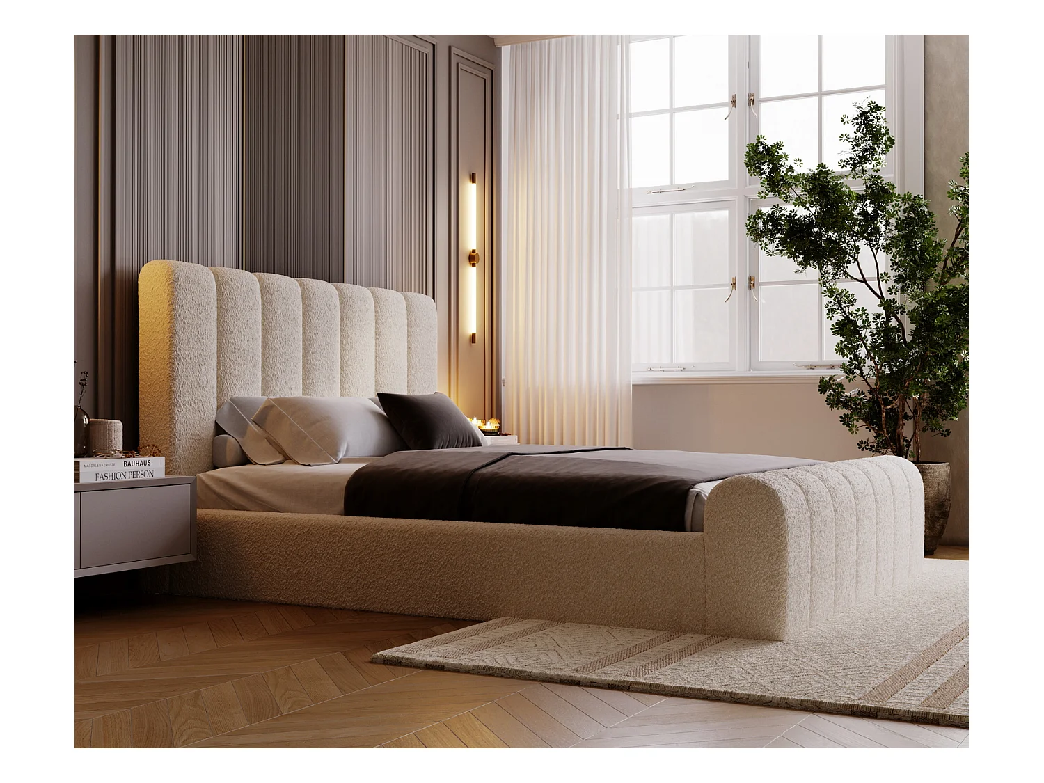 Emporius Lit 180x200 Valetta - Lit Rembourré avec Rangement, Sommier à Lattes, Lit adulte 160x200 bouclé - Crème (Anthology 1)