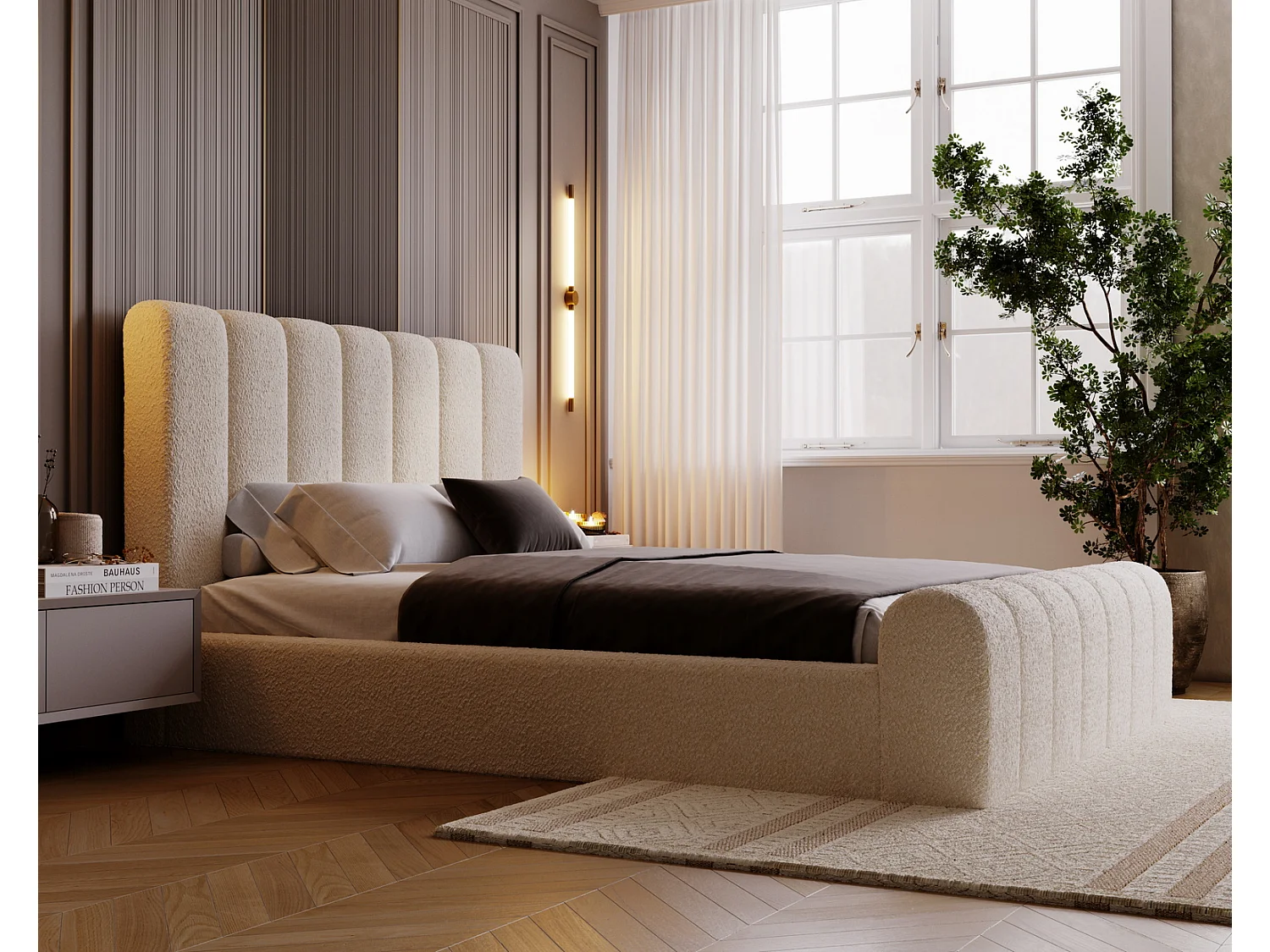 Emporius bed bouclé 180x200 Valetta - Gestoffeerd bed met opbergruimte, luxe bed met lattenbodem en bedlade - tweepersoonsbed 180x200 - Crème (Anthology 1)