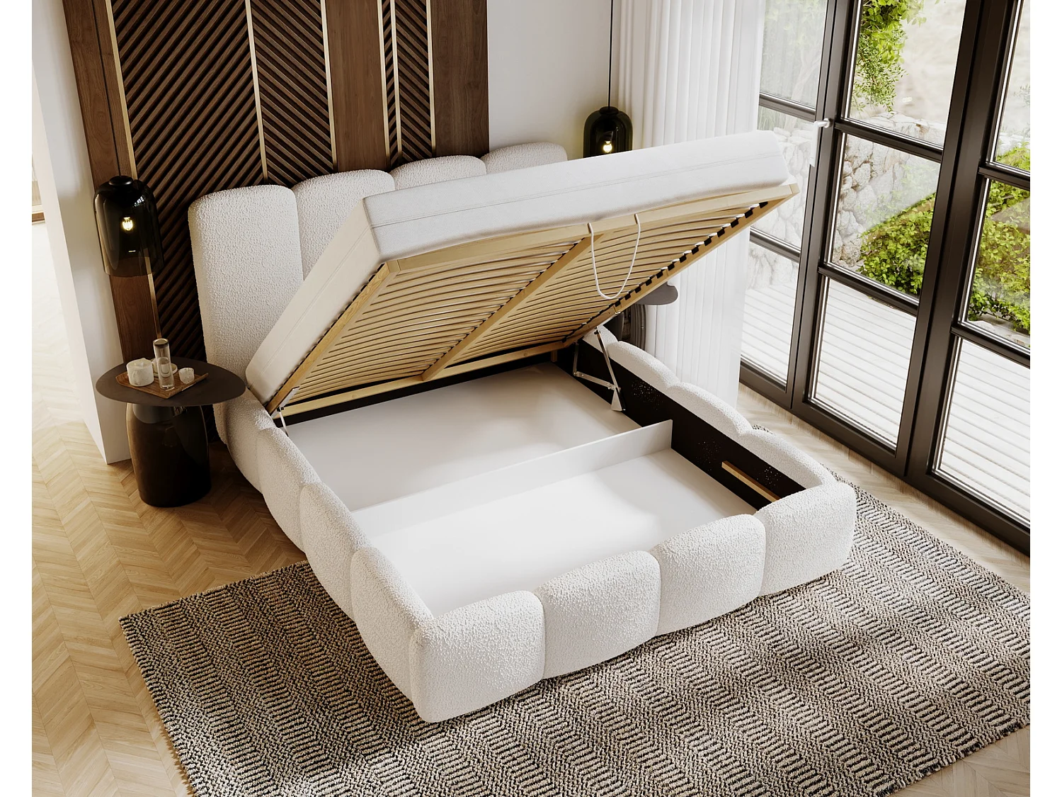 Emporius Merkad Boucle Lit double 200x200 - lit adutle avec rangement, Sommier à Lattes, Coffre à Literie - Lit Rembourré 200x200 Beige (Anthology 3)