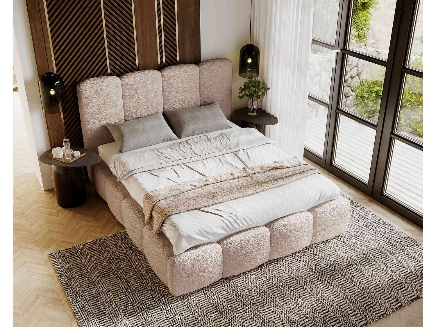 Emporius gestoffeerd bed 200x200 cm Merkad Bouclé - bed met lattenbodem en bedlade, Bouclé - Beige (Anthology 3)