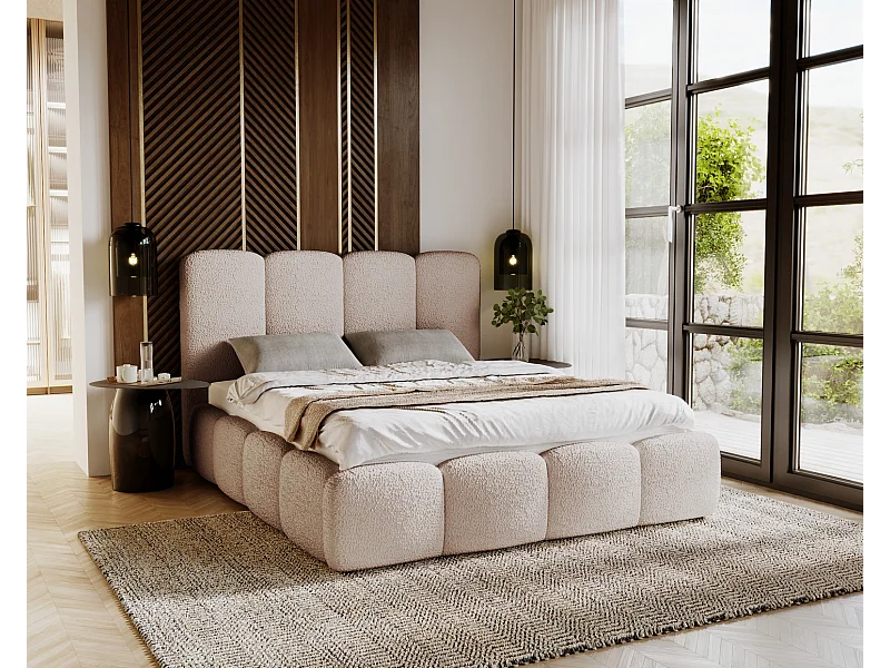 Emporius Merkad Boucle Lit double 200x200 - lit adutle avec rangement, Sommier à Lattes, Coffre à Literie - Lit Rembourré 200x200 Beige (Anthology 3)