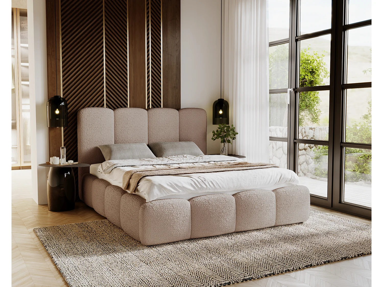 Emporius gestoffeerd bed 180x200 cm Merkad Bouclé - bed met lattenbodem en bedlade, Bouclé - Bruin (Anthology 4)