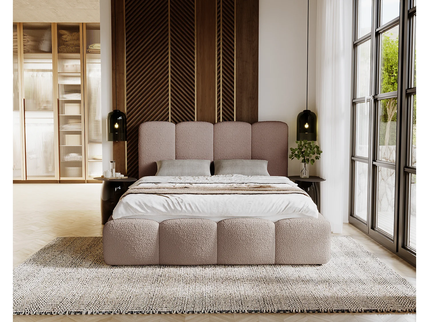 Emporius gestoffeerd bed 180x200 cm Merkad Bouclé - bed met lattenbodem en bedlade, Bouclé - Bruin (Anthology 4)