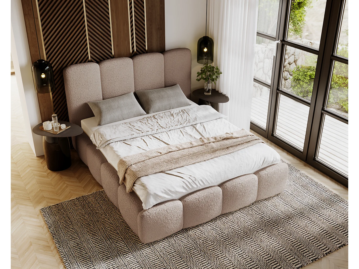 Emporius gestoffeerd bed 180x200 cm Merkad Bouclé - bed met lattenbodem en bedlade, Bouclé - Bruin (Anthology 4)