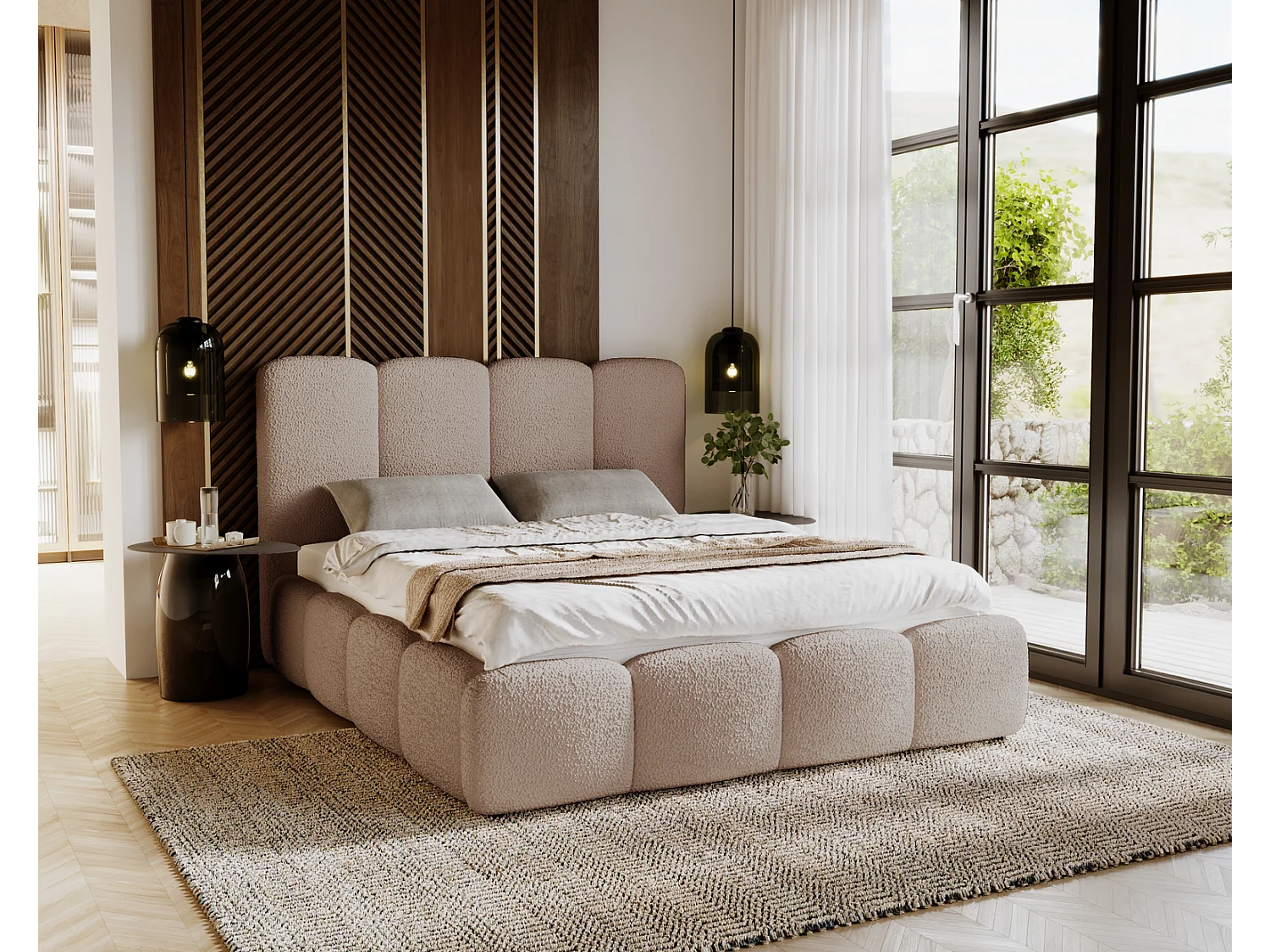 Emporius gestoffeerd bed 180x200 cm Merkad Bouclé - bed met lattenbodem en bedlade, Bouclé - Bruin (Anthology 4)