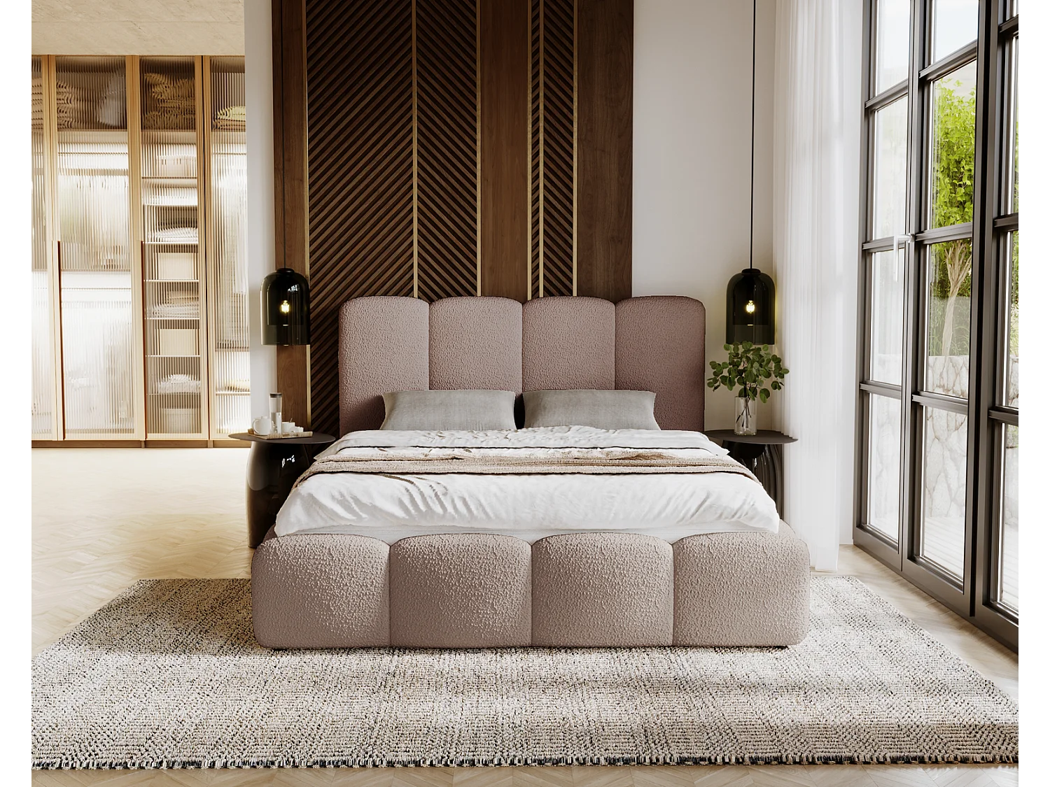 Emporius gestoffeerd bed 180x200 cm Merkad Bouclé - bed met lattenbodem en bedlade, Bouclé - Bruin (Anthology 4)