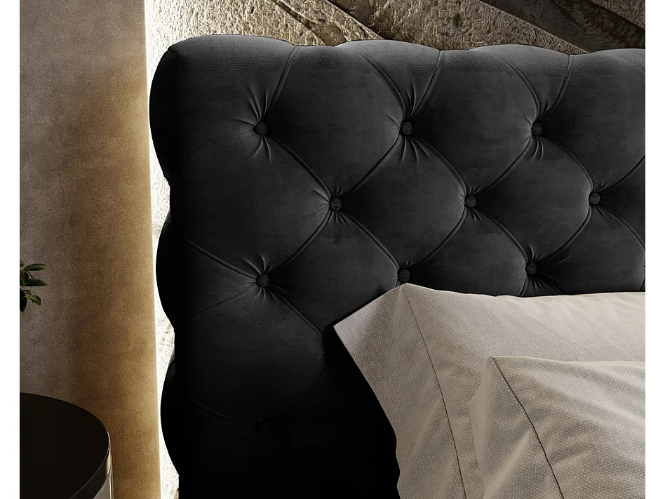 Emporius Lit double avec rangement 160x200 Ali - Lit adulte glamour - Velour Noir (Magic Velvet 2219)