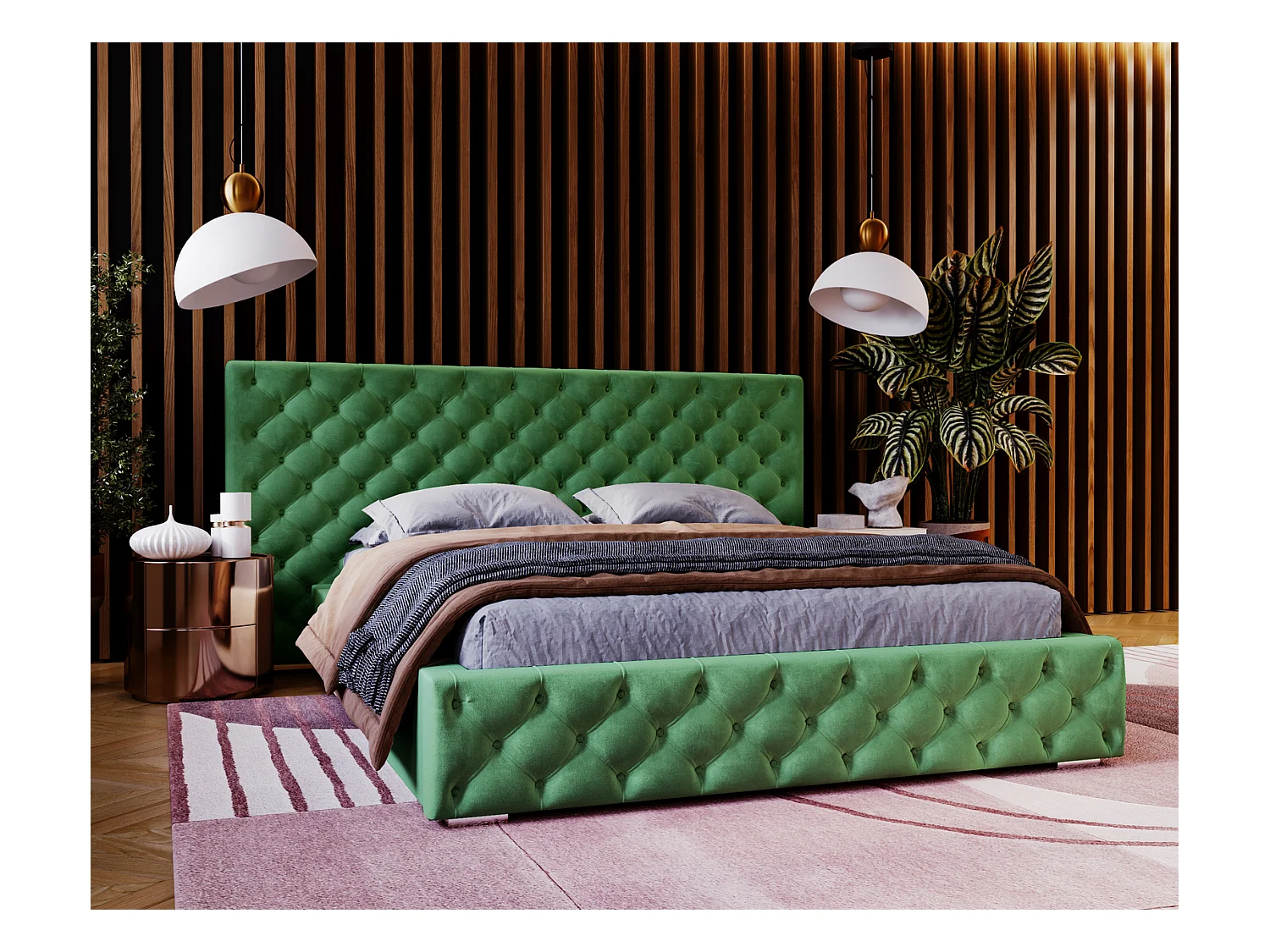 Emporius tweepersoonsbed 160x200 Bella, glamourstijl - gestoffeerd bed, chesterfield, opbergruimte - fluweel Groen (Magic Velvet 2225)