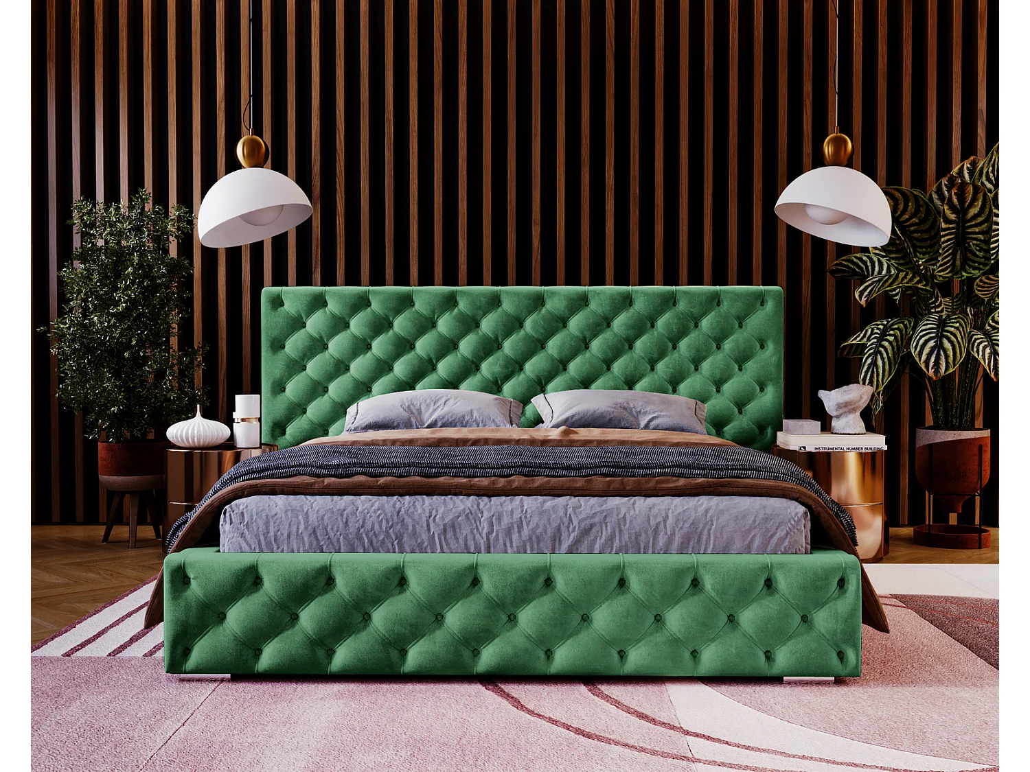 Emporius Lit double 160x200 Bella - Chesterfield Lit, tissu Velvet, Rangement, Sommier à Lattes - Lit double Vert (Magic Velvet 2225)