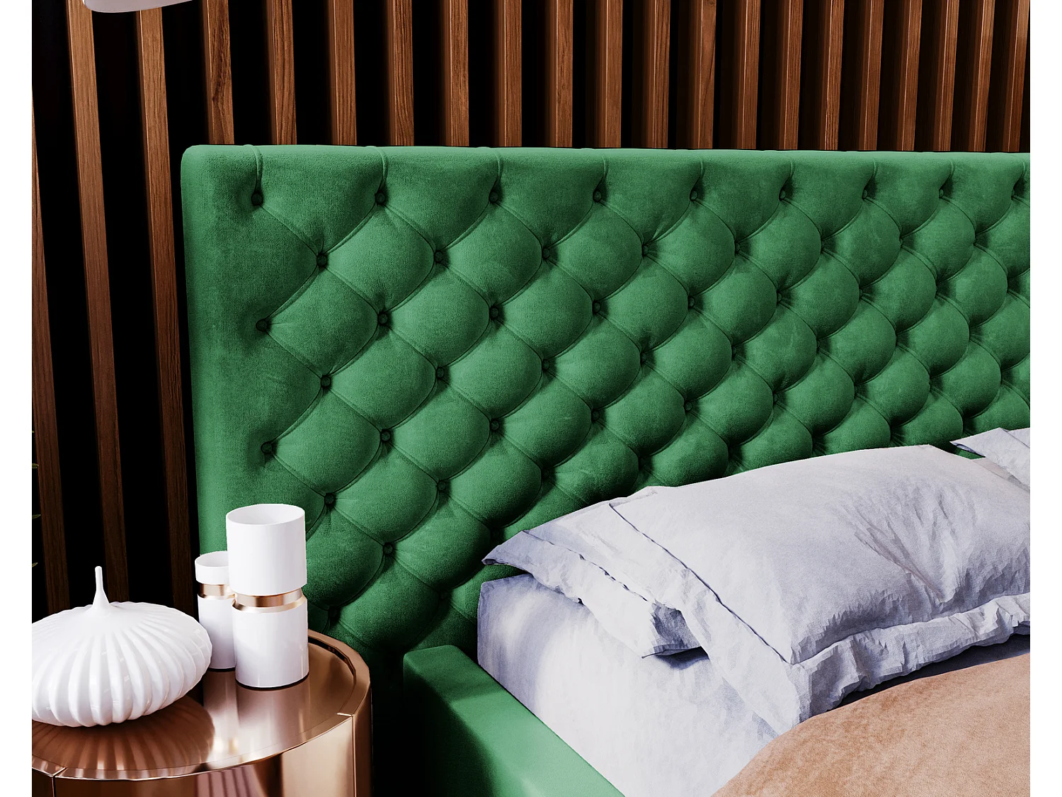 Emporius Lit double 160x200 Bella - Chesterfield Lit, tissu Velvet, Rangement, Sommier à Lattes - Lit double Vert (Magic Velvet 2225)