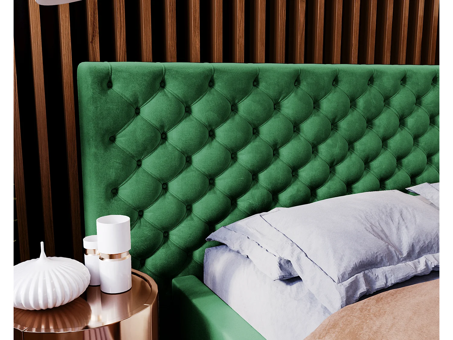 Emporius Lit double 160x200 Bella - Chesterfield Lit, tissu Velvet, Rangement, Sommier à Lattes - Lit double Vert (Magic Velvet 2225)