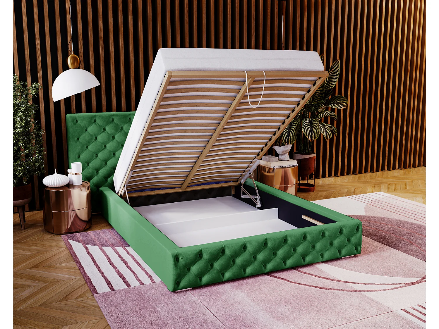 Emporius tweepersoonsbed 160x200 Bella, glamourstijl - gestoffeerd bed, chesterfield, opbergruimte - fluweel Groen (Magic Velvet 2225)