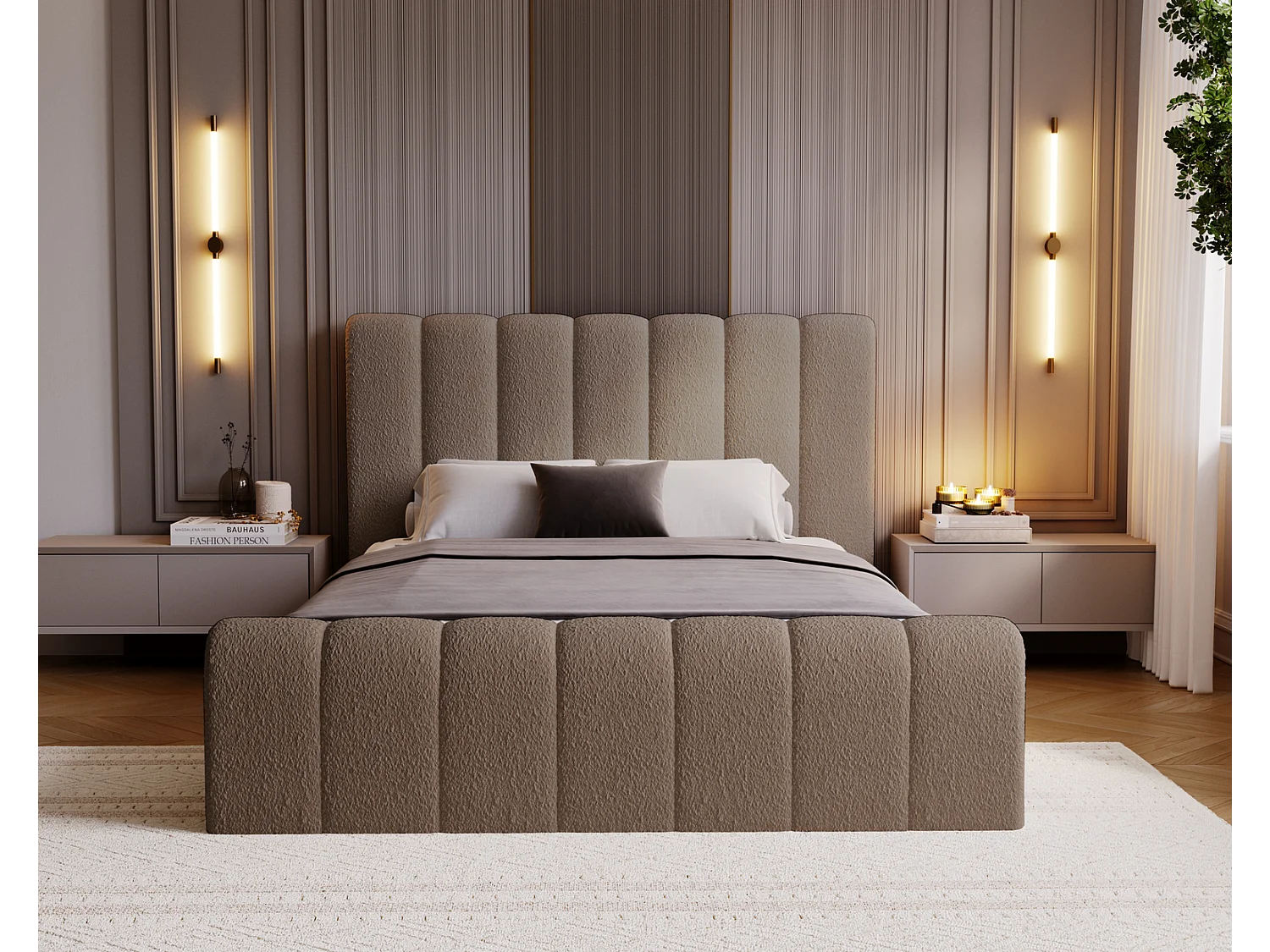 Emporius bed bouclé 160x200 Valetta - Gestoffeerd bed met opbergruimte, luxe bed met lattenbodem en bedlade - tweepersoonsbed 160x200 - Bruin (Anthology 5)