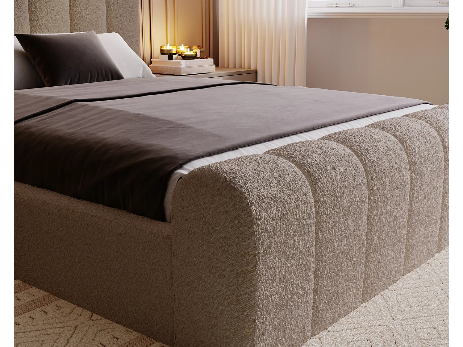 Emporius bed bouclé 160x200 Valetta - Gestoffeerd bed met opbergruimte, luxe bed met lattenbodem en bedlade - tweepersoonsbed 160x200 - Bruin (Anthology 5)