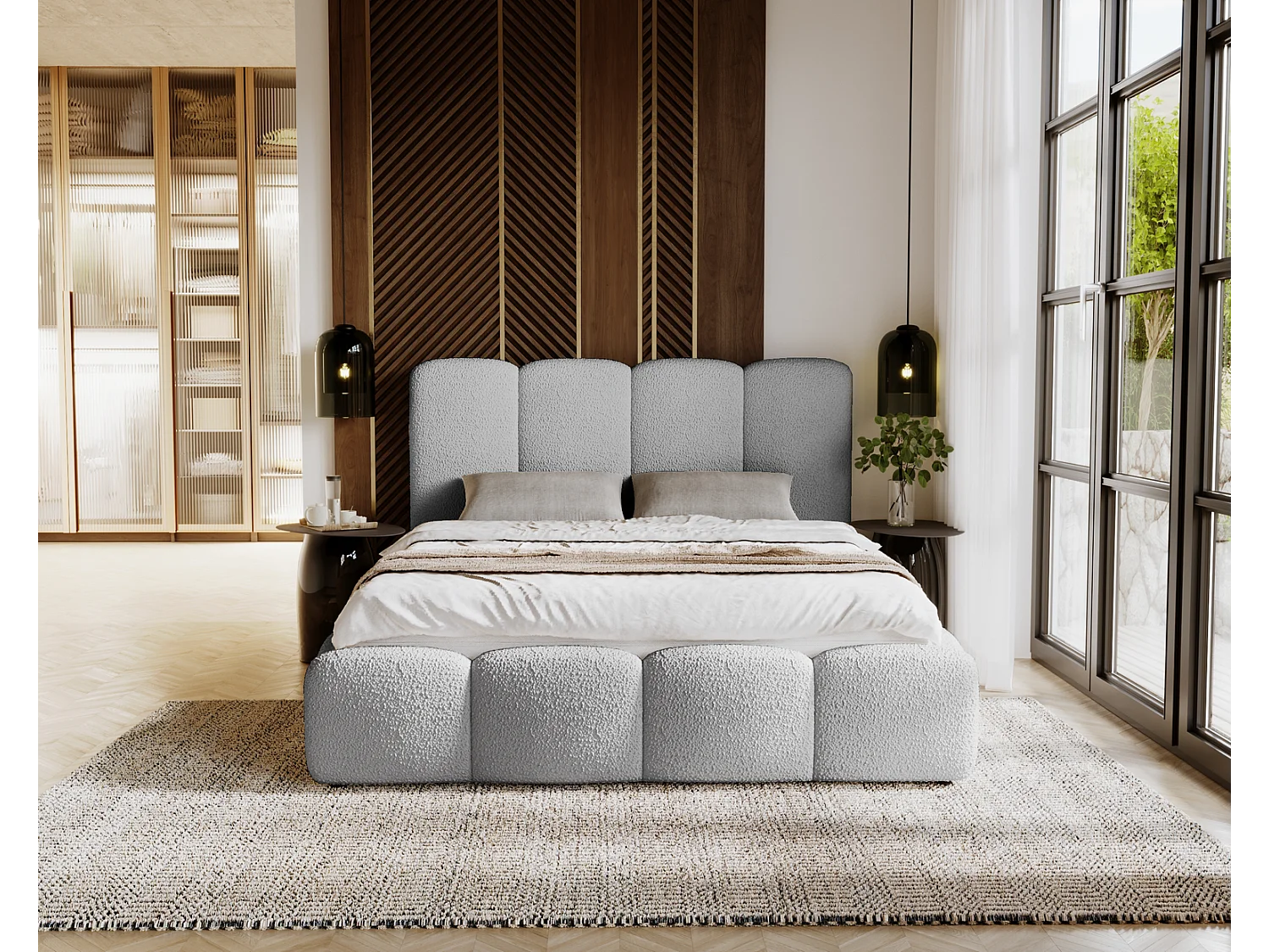 Emporius gestoffeerd bed 180x200 cm Merkad Bouclé - bed met lattenbodem en bedlade, Bouclé - Lichtgrijs (Anthology 15)
