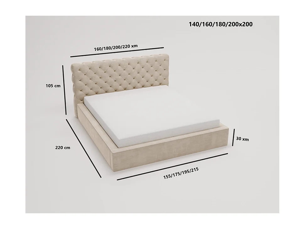 Emporius Lit double avec rangement 180x200 Ali - Lit adulte glamour - Velour Gris (Magic Velvet 2217)