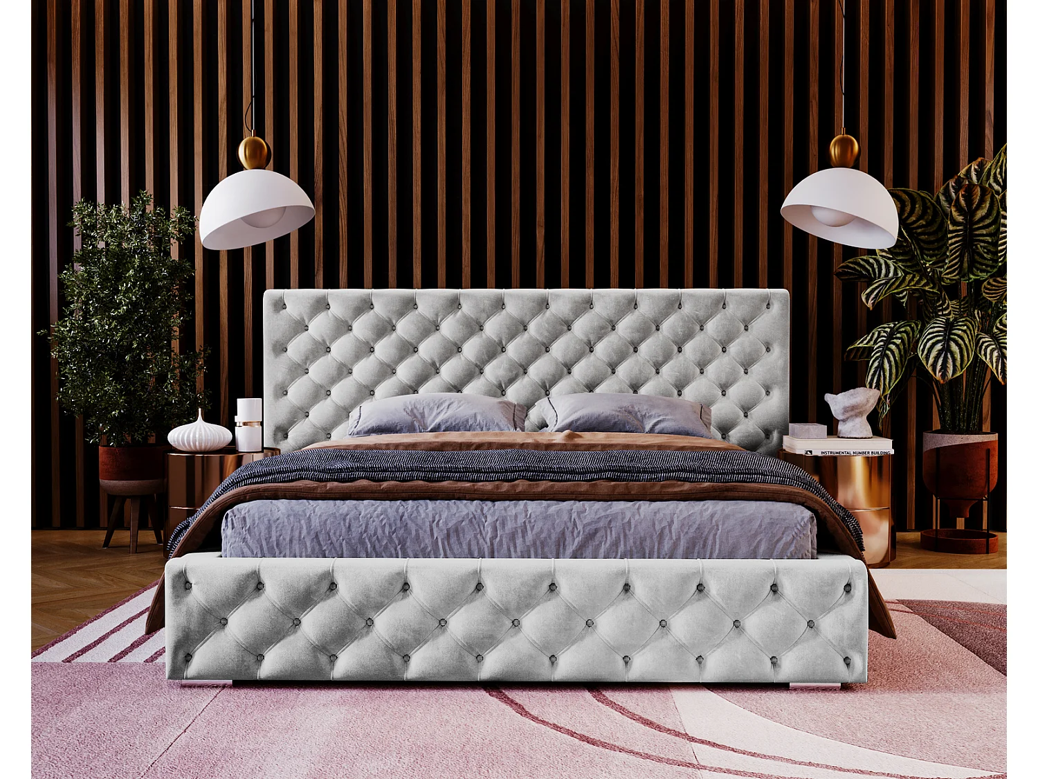 Emporius tweepersoonsbed 180x200 Bella, glamourstijl - gestoffeerd bed, chesterfield, opbergruimte - fluweel Lichtgrijs (Magic Velvet 2218)