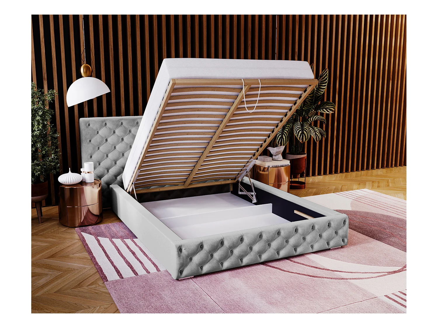 Emporius Lit double 180x200 Bella - Chesterfield Lit, tissu Velvet, Rangement, Sommier à Lattes - Lit double Gris clair (Magic Velvet 2218)