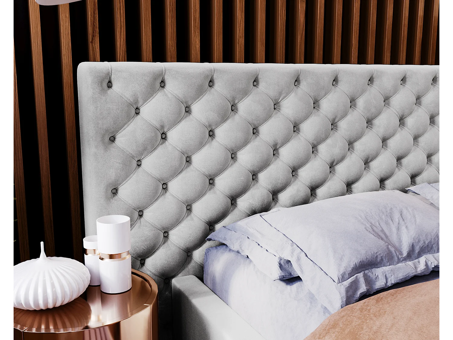 Emporius tweepersoonsbed 180x200 Bella, glamourstijl - gestoffeerd bed, chesterfield, opbergruimte - fluweel Lichtgrijs (Magic Velvet 2218)