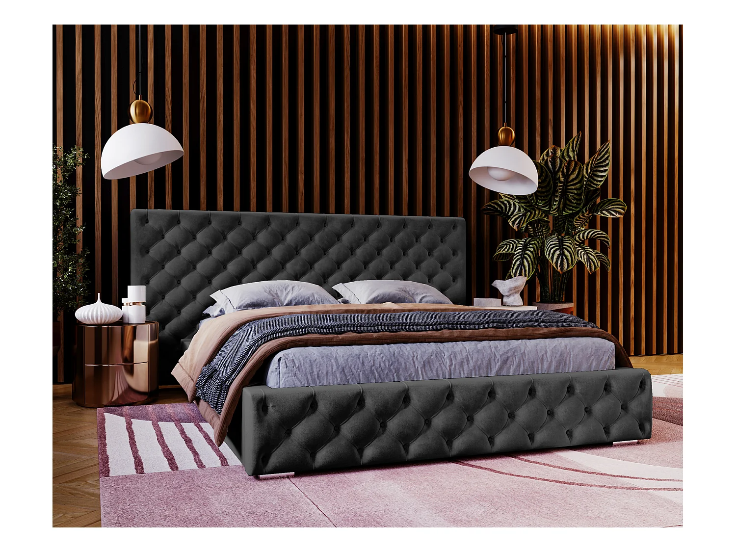 Emporius Lit double 140x200 Bella - Chesterfield Lit, tissu Velvet, Rangement, Sommier à Lattes - Lit double Noir (Magic Velvet 2219)