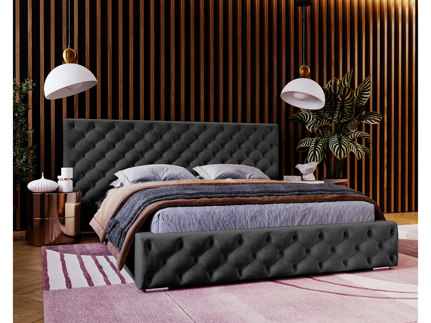 Emporius Lit double 140x200 Bella - Chesterfield Lit, tissu Velvet, Rangement, Sommier à Lattes - Lit double Noir (Magic Velvet 2219)