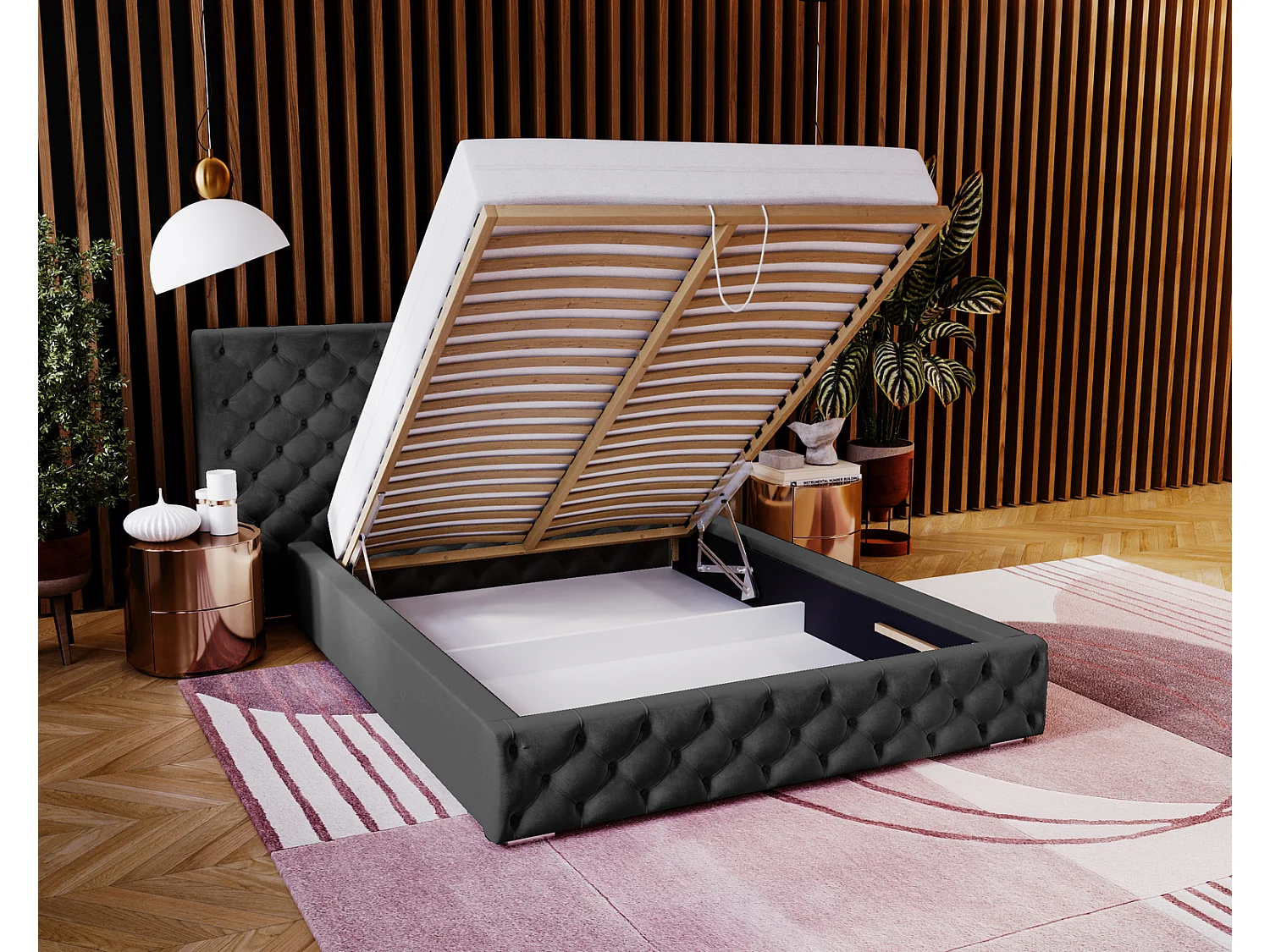 Emporius Lit double 140x200 Bella - Chesterfield Lit, tissu Velvet, Rangement, Sommier à Lattes - Lit double Noir (Magic Velvet 2219)