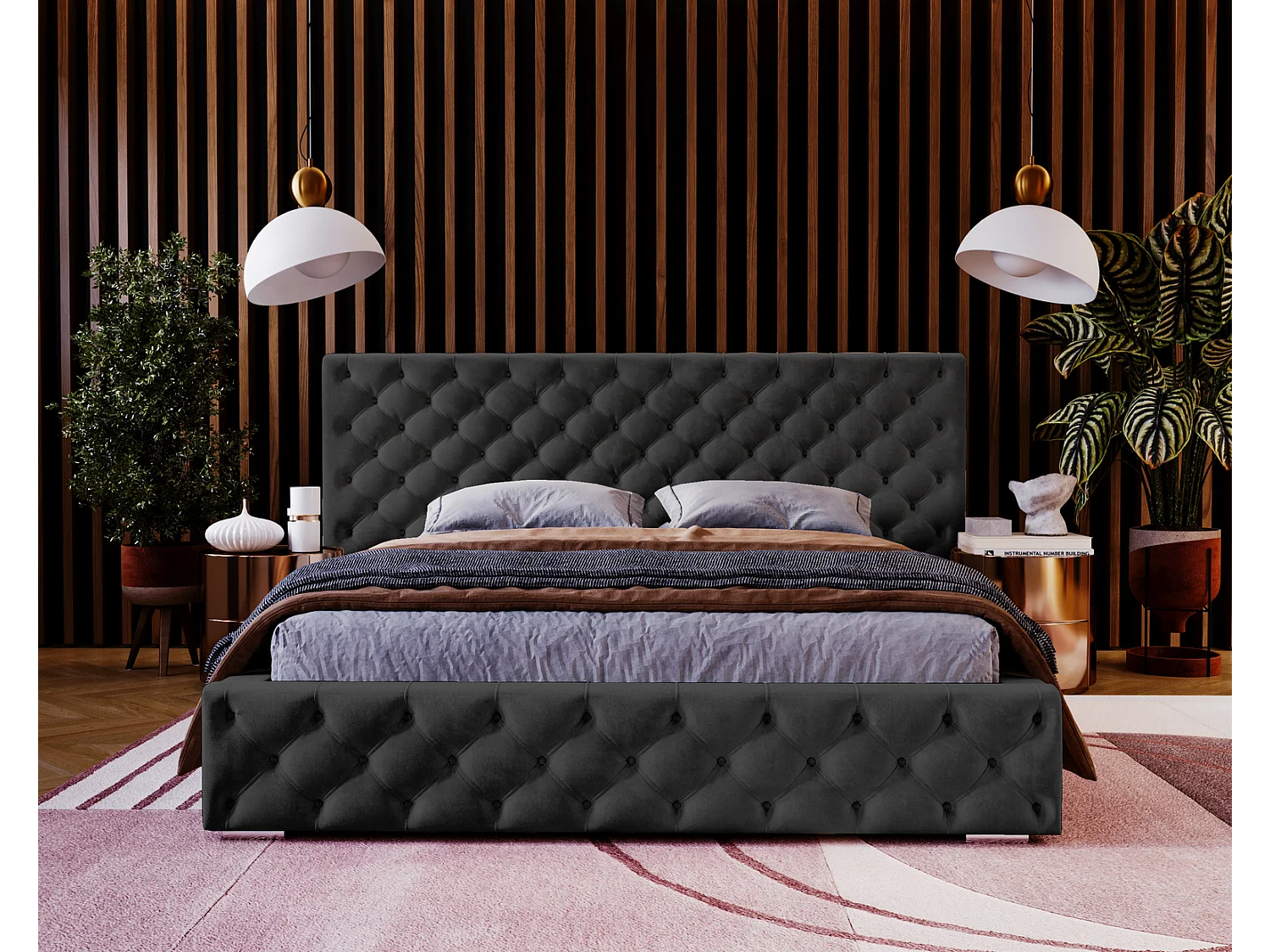 Emporius tweepersoonsbed 140x200 Bella, glamourstijl - gestoffeerd bed, chesterfield, opbergruimte - fluweel Zwart (Magic Velvet 2219)