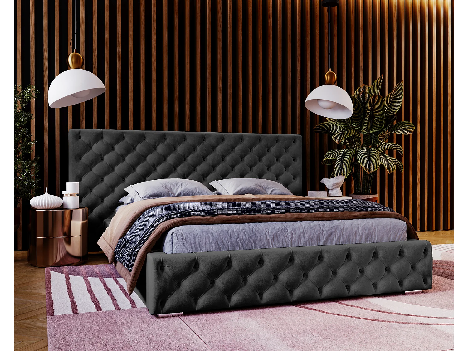 Emporius tweepersoonsbed 140x200 Bella, glamourstijl - gestoffeerd bed, chesterfield, opbergruimte - fluweel Zwart (Magic Velvet 2219)