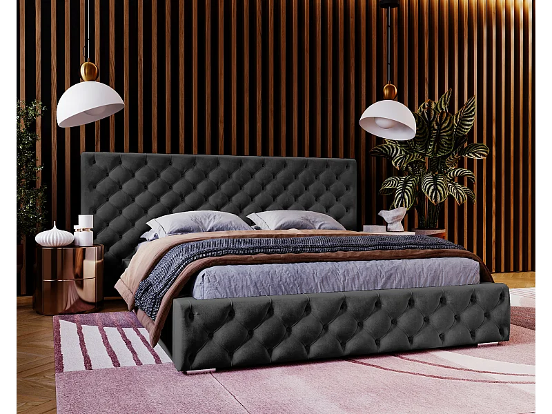 Emporius tweepersoonsbed 140x200 Bella, glamourstijl - gestoffeerd bed, chesterfield, opbergruimte - fluweel Zwart (Magic Velvet 2219)