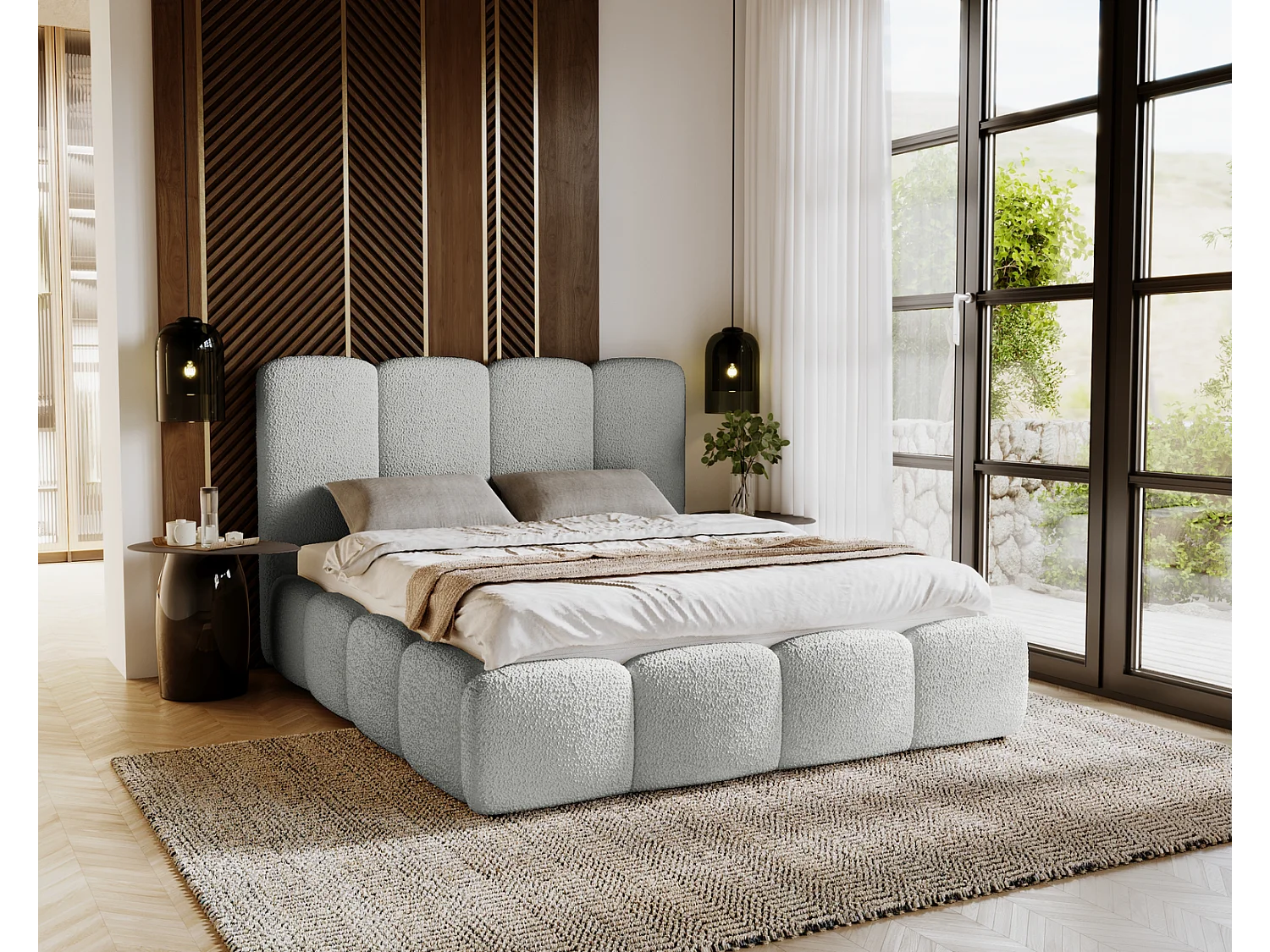 Emporius gestoffeerd bed 160x200 cm Merkad Bouclé - bed met lattenbodem en bedlade, Bouclé - Lichtgrijs (Anthology 15)