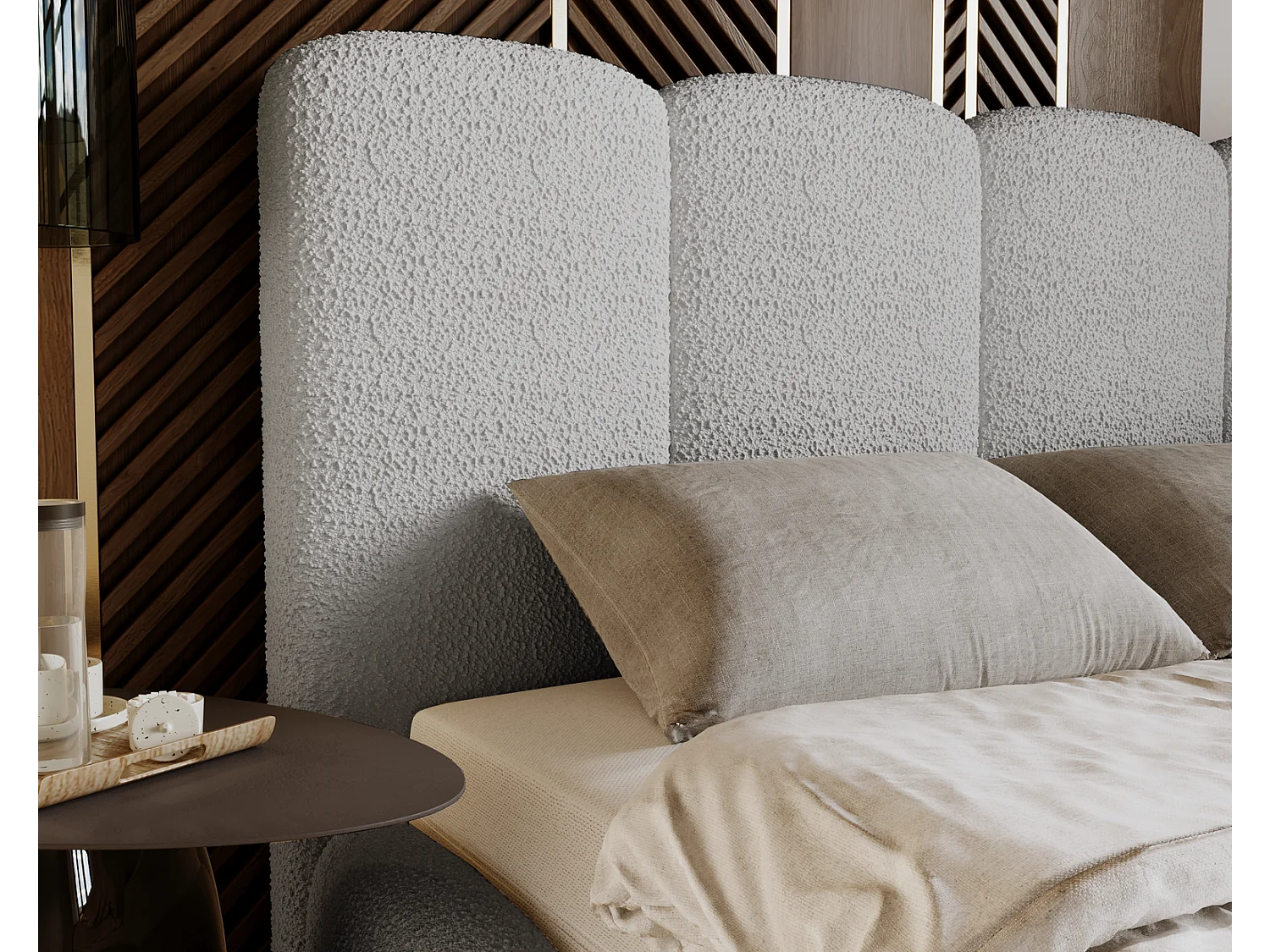 Emporius gestoffeerd bed 160x200 cm Merkad Bouclé - bed met lattenbodem en bedlade, Bouclé - Lichtgrijs (Anthology 15)