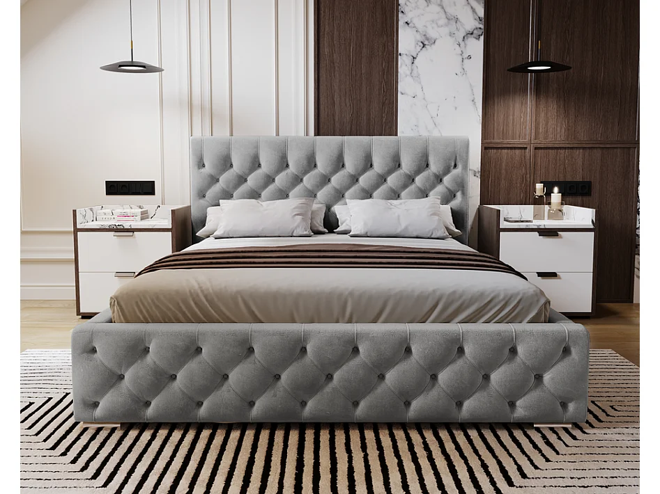 Emporius Gestoffeerd bed met groot hoofdeinde Elira tweepersoonsbed 200x200 - lattenbodem, bedlade, fluwelen - Grijs (Magic Velvet 2217)