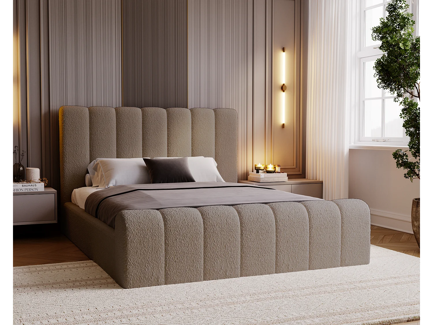 Emporius bed bouclé 180x200 Valetta - Gestoffeerd bed met opbergruimte, luxe bed met lattenbodem en bedlade - tweepersoonsbed 180x200 - Bruin (Anthology 5)