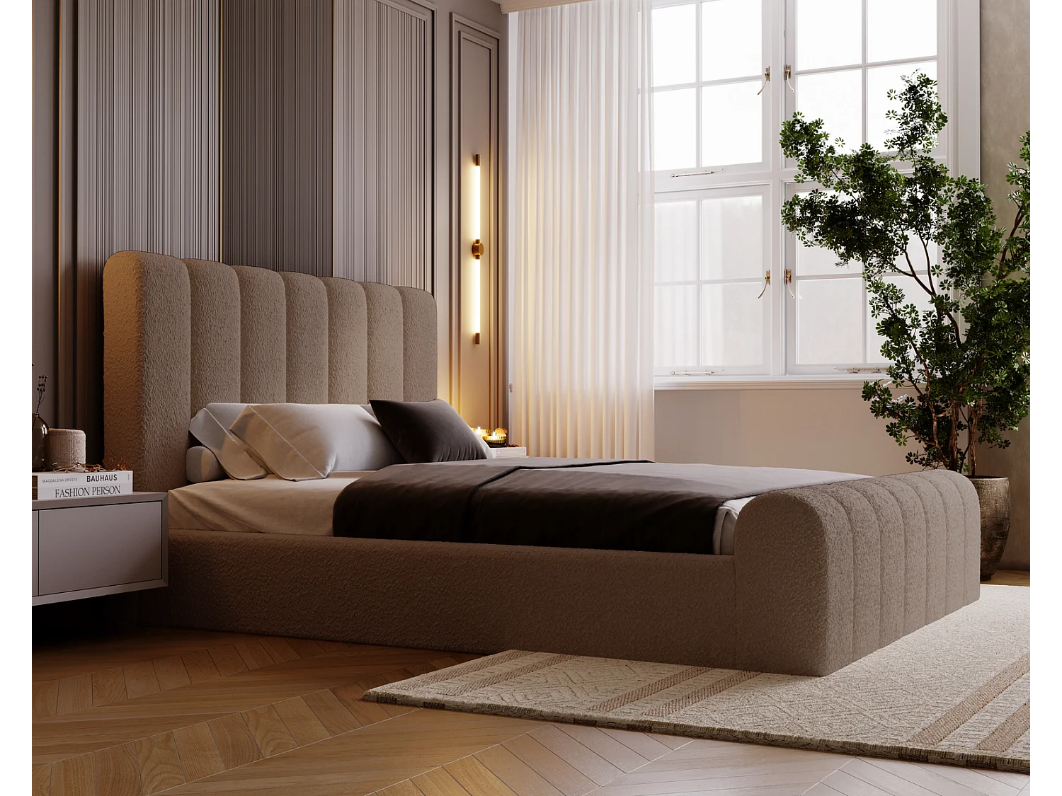 Emporius bed bouclé 180x200 Valetta - Gestoffeerd bed met opbergruimte, luxe bed met lattenbodem en bedlade - tweepersoonsbed 180x200 - Bruin (Anthology 5)