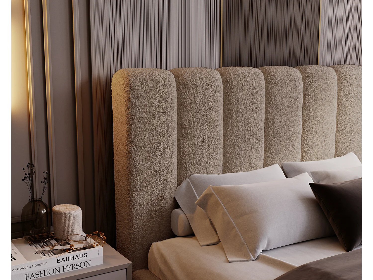 Emporius bed bouclé 180x200 Valetta - Gestoffeerd bed met opbergruimte, luxe bed met lattenbodem en bedlade - tweepersoonsbed 180x200 - Bruin (Anthology 5)