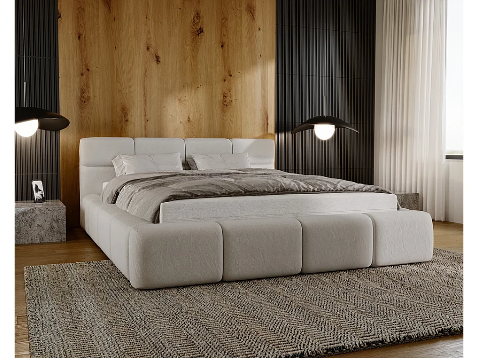 Emporius tweepersoonsbed 180x200, gestoffeerd bed Oslo -  dik foam, lattenbodem, fluwelen - Beige (Solar 3)