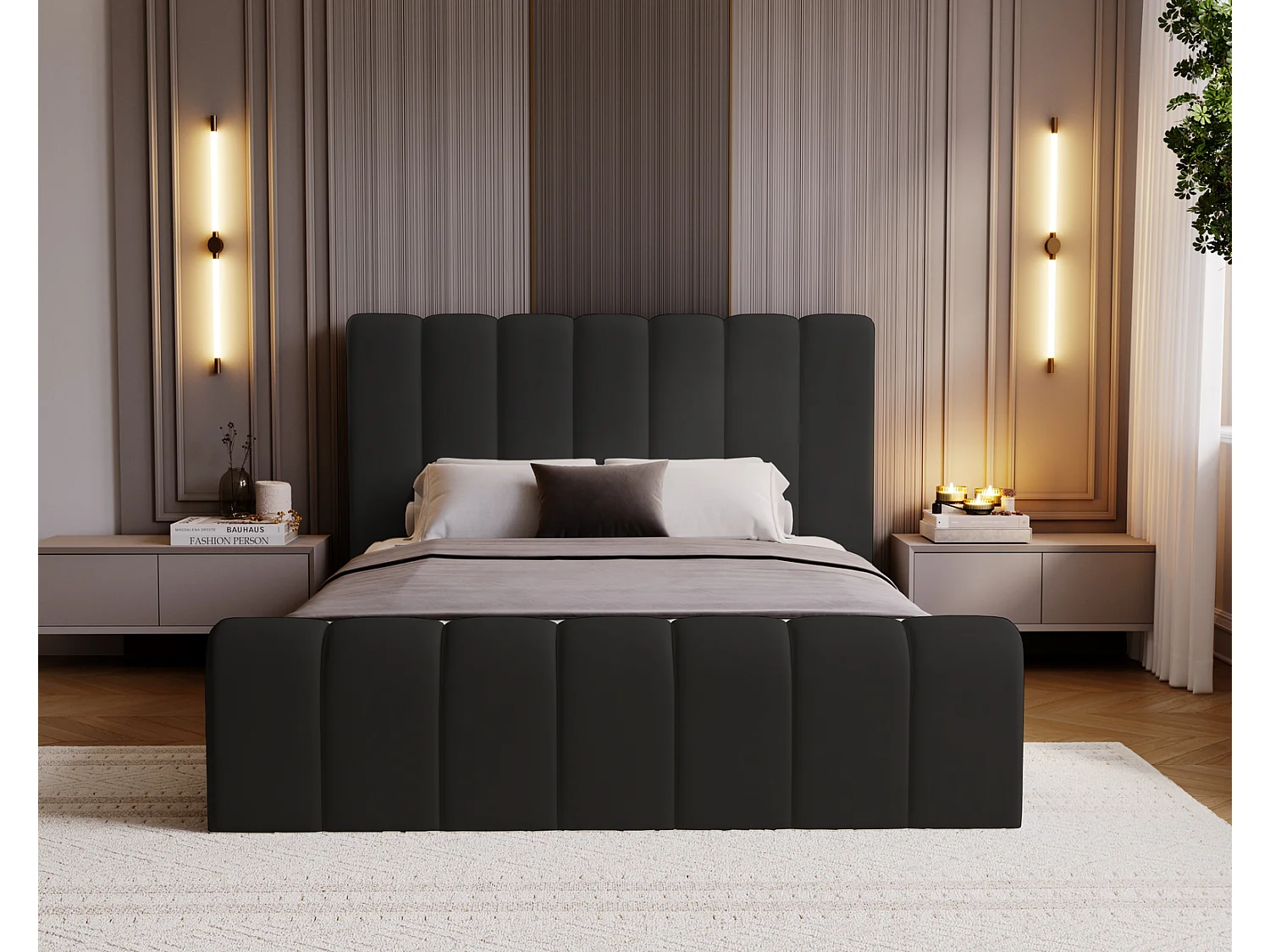 Emporius Lit 200x200 Valetta - Lit Rembourré avec Rangement, Sommier à Lattes, Lit adulte velvet 200x200 - Noir (Amor Velvet 4322)