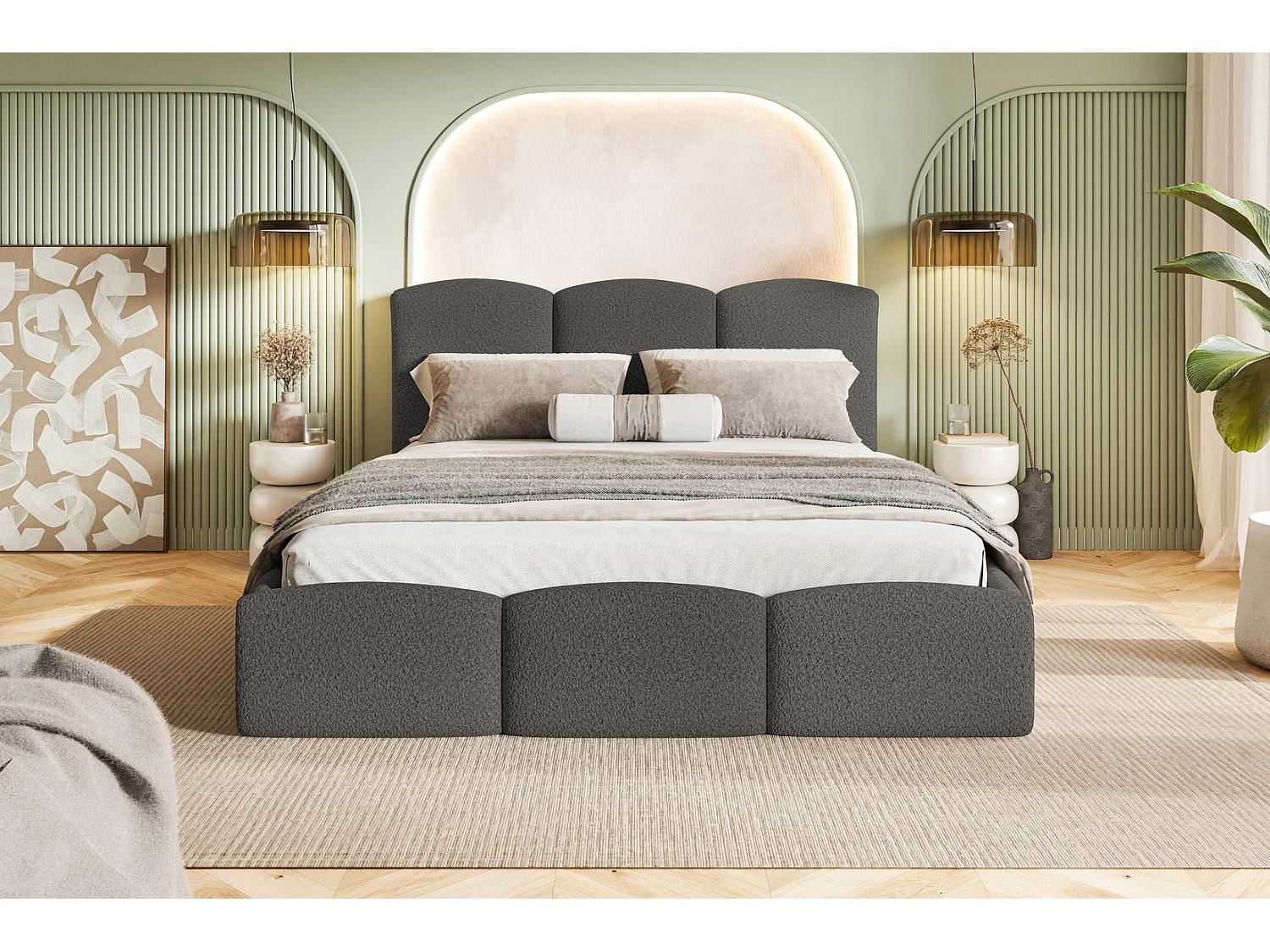 Lit double 180x200 Roma Slim - Lit coffre, tissu bouclé - Gris foncé (Anthology 18)