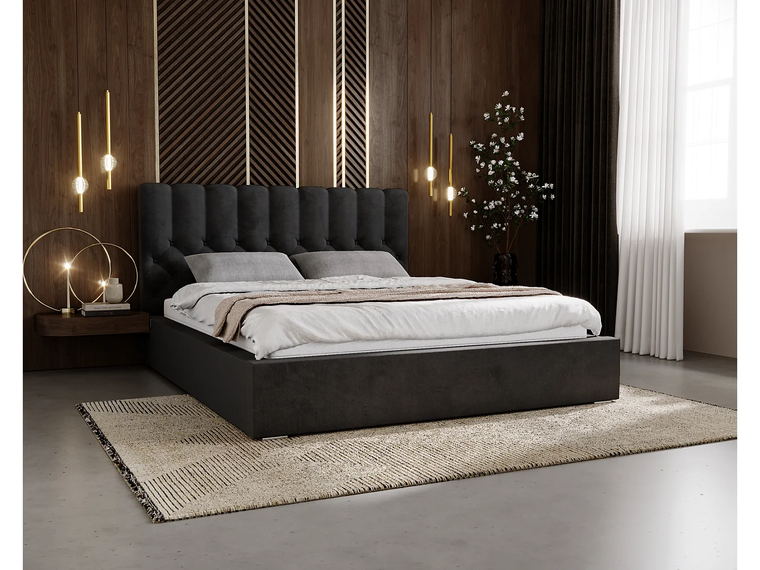 Emporius gestoffeerd bed 180x200 Sevilla, glamourstijl - Tweepersoonsbed 140x200 cm - fluwelen Zwart (Magic Velvet 2219)