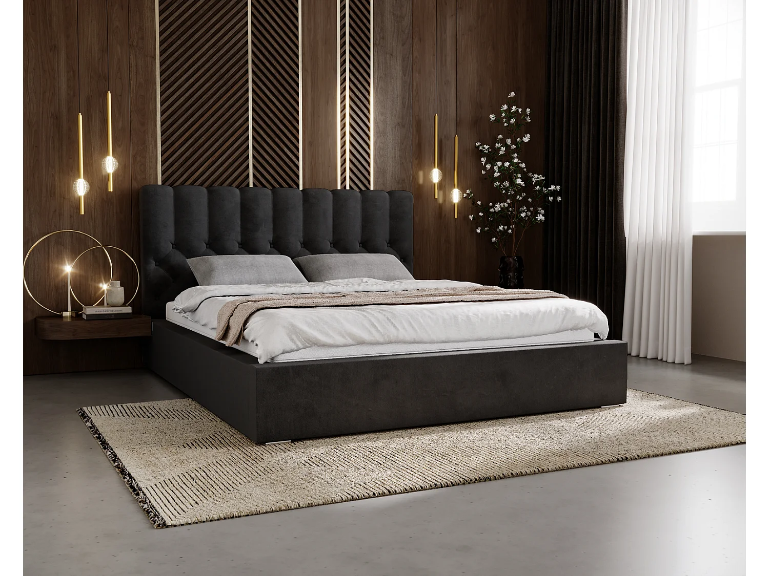 Emporius Doppelbett 140x200 Milan - Lattenrost, Bettkasten, Kopfteil - Polsterbett Bouclé (Schwarz - Anthology 19)
