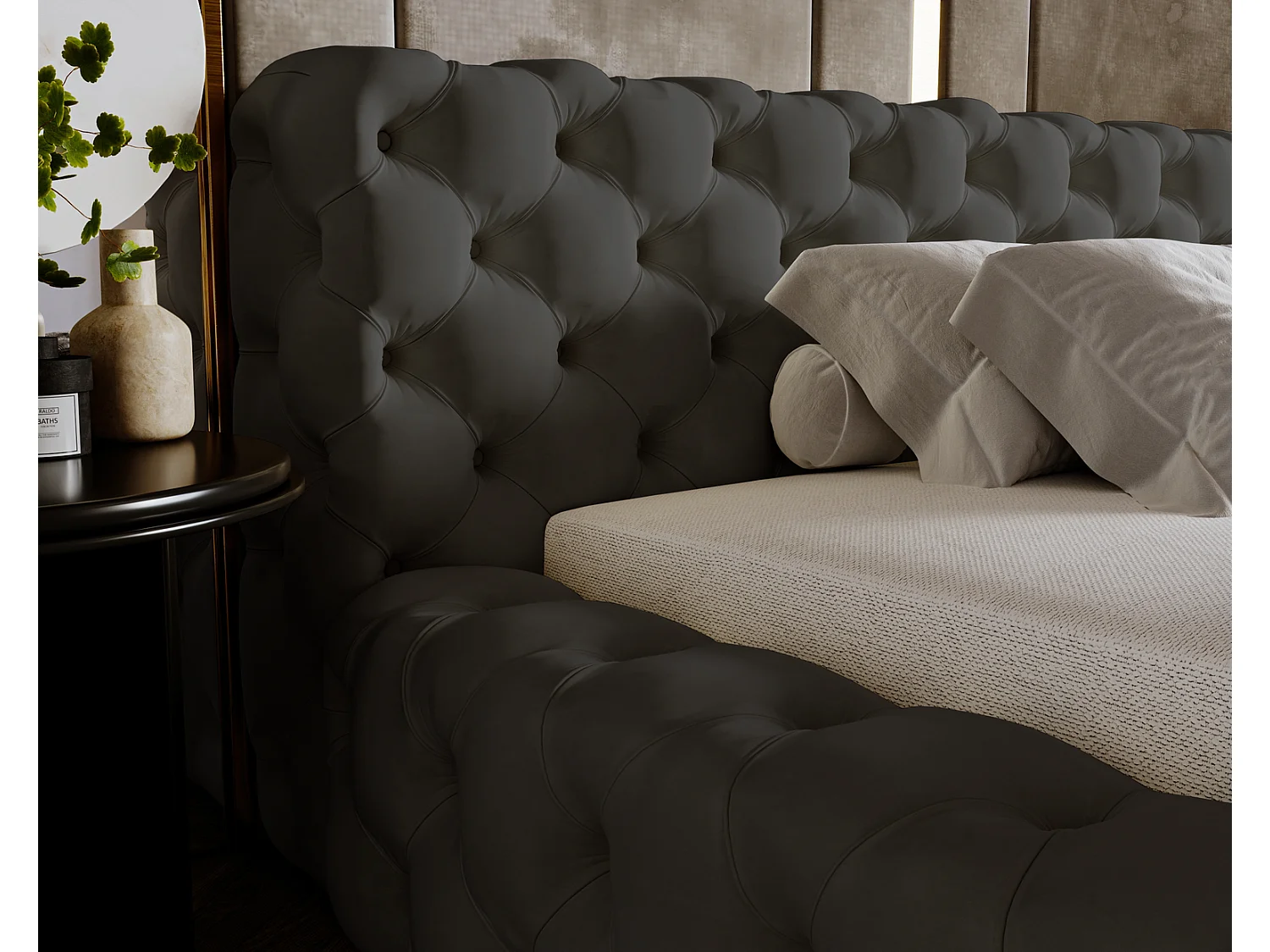 Emporius gestoffeerd bed 140x200 Vigo, bed met lattenbodem - tweepersoonsbed 140x200 cm, groot hoofdeinde - fluwelen Donkergrijs (Amor Velvet 4321)