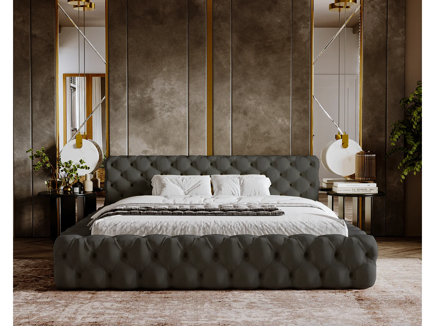 Emporius gestoffeerd bed 140x200 Vigo, bed met lattenbodem - tweepersoonsbed 140x200 cm, groot hoofdeinde - fluwelen Donkergrijs (Amor Velvet 4321)