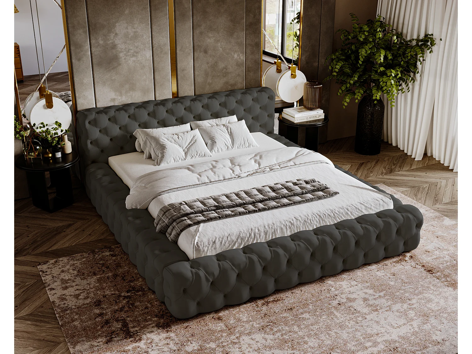 Emporius gestoffeerd bed 140x200 Vigo, bed met lattenbodem - tweepersoonsbed 140x200 cm, groot hoofdeinde - fluwelen Donkergrijs (Amor Velvet 4321)