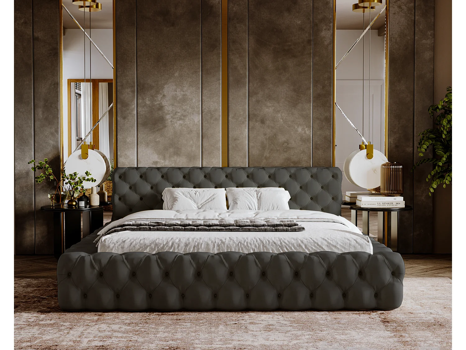 Emporius gestoffeerd bed 140x200 Vigo, bed met lattenbodem - tweepersoonsbed 140x200 cm, groot hoofdeinde - fluwelen Donkergrijs (Amor Velvet 4321)